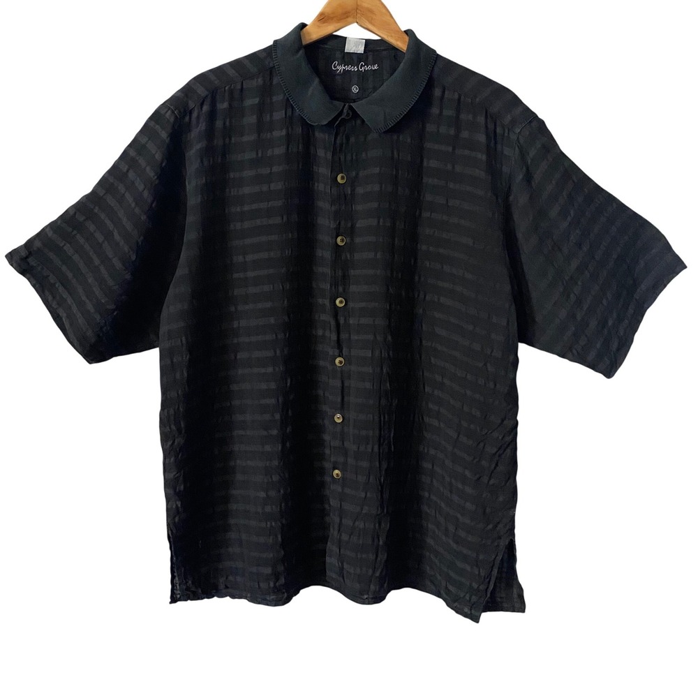 Mens Lightweight XL Black Silk Linen Striped Short Sleeve Button Down Shirt